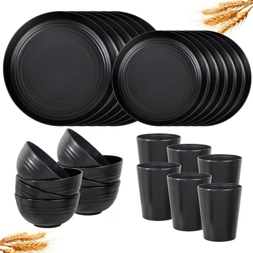 Vista 16 de LIYH 16 Piezas Juego de Vajilla de Paja de Trigo Beige - Platos de Cena Crema Irrompibles, para 4 Platos y Cuencos, Juego de Vajilla de Plástico