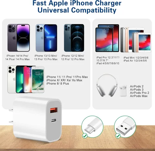 Vista 3 de Cargador rápido para iPhone, cargador de iPhone A/C de doble puerto, bloque de carga rápida, paquete de 2 cargadores de pared para iPhone de Apple