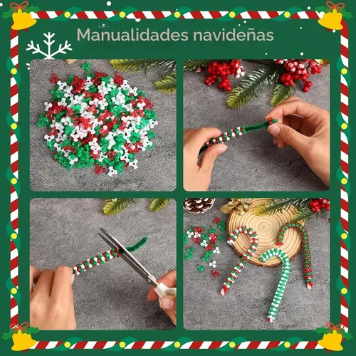 Vista 5 de Amaney - 1000 cuentas de tres cuentas de Navidad con cuentas de bastón de caramelo, verde, rojo y blanco, cuentas para adornos navideños Blanco opaco