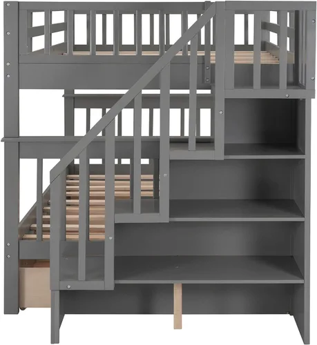 Vista 7 de Literas de tamaño matrimonial con cajones y escaleras, marco de cama de madera con almacenamiento para niños, adolescentes y adultos, desmontable