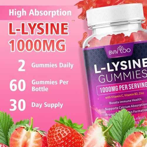 Vista 6 de L-Lisina - Gomitas de 1000 mg para apoyo inmunológico y salud de la piel, gomitas veganas de alta potencia, sin azúcar, sabor a bayas naturales