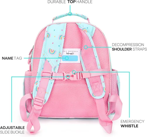 Vista 4 de mibasies Mochila para niñas y niños, ideal para niños y niñas, mochila para preescolar jardín de infantes y primaria, Rosa Arco Iris, Niñito-7L