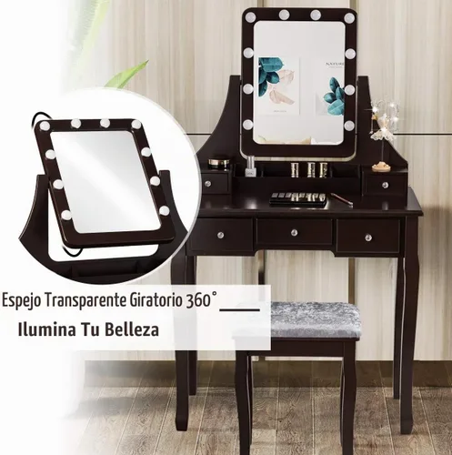 Vista 3 de DORTALA Juego de mesa de tocador con espejo rectangular de 360 grados y taburete acolchado, mesa de maquillaje con 10 bombillas LED regulables