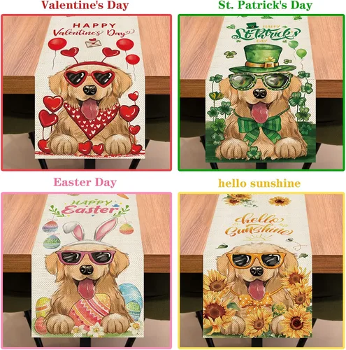 Vista 3 de 8 caminos de mesa Golden Retriever para perros de 72 pulgadas de largo, día de San Patricio, Pascua, 4 de julio, Halloween, Navidad, casa de campo