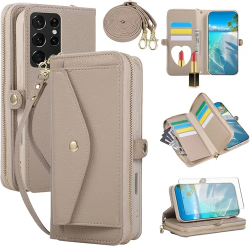 Vista 84 de Asuwish Funda de teléfono para Samsung Galaxy S23 5G con cremallera, funda para celular con protector de pantalla, correa para el hombro, espejo