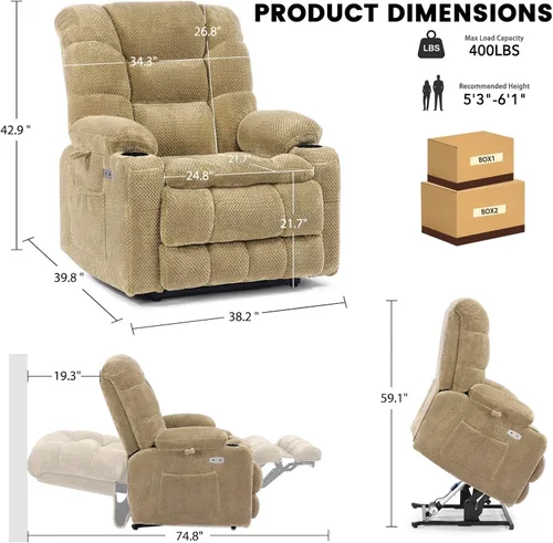 Vista 3 de EONIX Silla reclinable ancha para ancianos, silla elevadora de gran tamaño resistente de 400 libras con calor y masaje, reclinable elevador