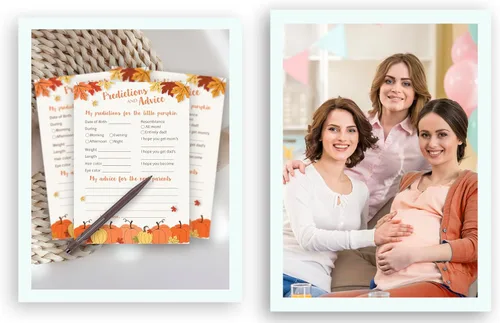 Vista 5 de PUMPKINS - Tarjetas de predicción y consejos – Paquete de 25 – Little Pumpkin Baby Shower Games, nuevos padres, mamá y papá futuros, mensaje de mamá