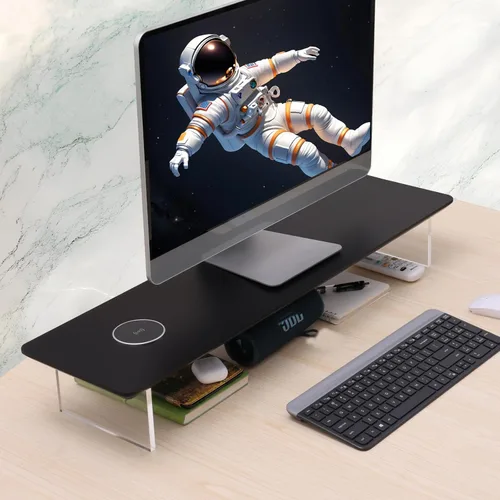 Vista 4 de SUIBIAN Soporte elevador de monitor negro con carga inalámbrica de 31.5 pulgadas, grande, soporte para monitor de computadora, estante organizador