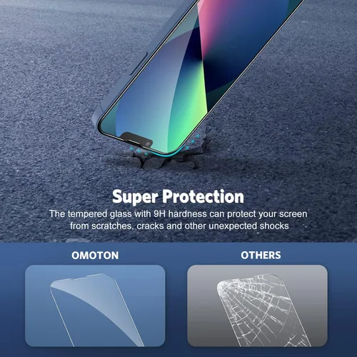 Vista 5 de OMOTON Protector de pantalla y protector de lente de cámara para iPhone 13 con ayuda de instalación de marco