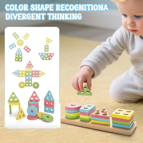 Vista 6 de Juguetes Montessori para niños de 1 a 3 años, juguete educativo de 3 en 1 de madera para habilidades motoras finas, juguete de clasificación