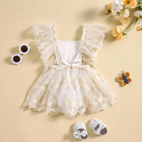 Vista 3 de Ropa de bebé recién nacida, mameluco de encaje, vestido tutú, manga de mosca, bordado floral, traje de verano
