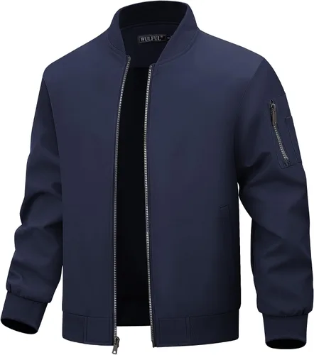 Vista 8 de WULFUL Chaqueta Bomber para Hombre Ligera Casual Cortavientos con Cremallera Abrigo con Bolsillo