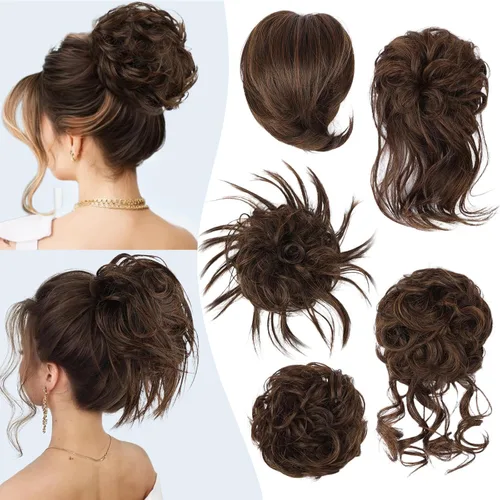 Vista 21 de HMD 5 piezas de moño despeinado para mujer, extensión de cabello con banda de goma elástica, extensión de cabello largo y desordenado, accesorios