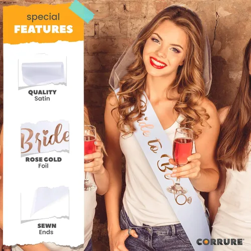 Vista 11 de CORRURE Banda para despedida de soltera "Bride to Be", banda de satén blanco con letras de lámina de oro rosa, accesorios de decoración de despedida