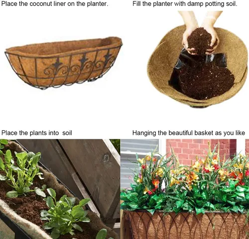 Vista 4 de Revestimientos para cesta de ventana de 30 pulgadas, preformado, revestimiento de coco y coco con tierra húmeda para cesta de ventana