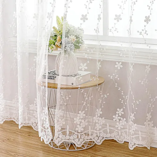 Vista 7 de WUBODTI Cortinas de encaje blanco de lujo de 63 pulgadas de largo, 2 paneles para dormitorio, bonitas cortinas bordadas florales de vid con ojales