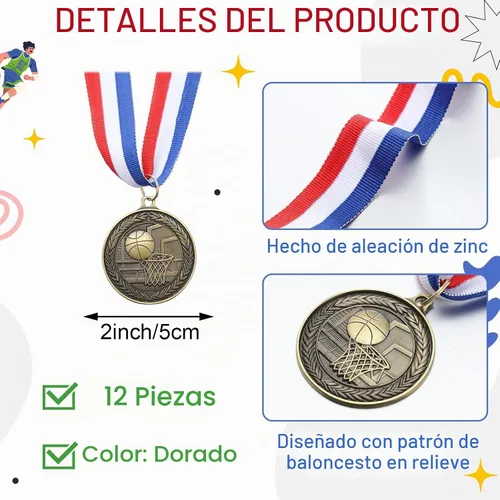 Vista 2 de RoundFunny 12 piezas de medallas de premios de baloncesto a granel, medallas de oro, premios de trofeos con cintas para el cuello, premios