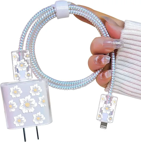 Vista 8 de Lindo protector de cable para cargador adaptador de iPhone, diseño de flores de crisantemo rojo, cable de datos de TPU suave, funda USB-C