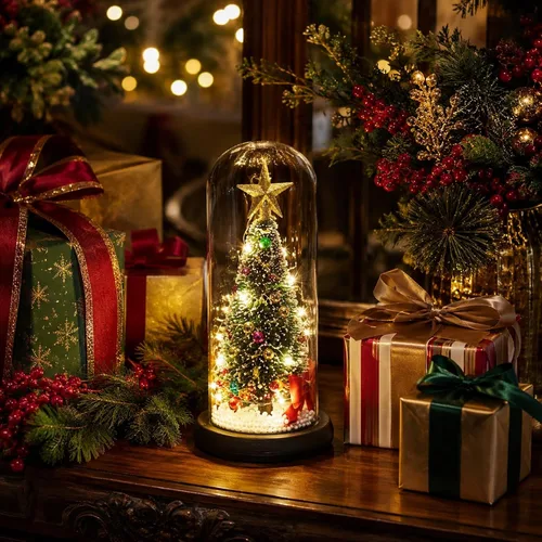 Vista 4 de LUOZZY Árbol de Navidad en cúpula de cristal pequeño árbol de Navidad iluminación escritorio adorno brillante mini árbol de Navidad