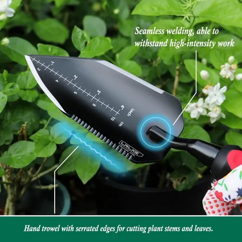 Vista 5 de Paleta de jardín resistente, pala de mano puntiaguda de acero inoxidable con mango de goma antideslizante, ideal para excavar, deshierbar