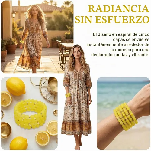 Vista 2 de Coiris Pulsera de cuentas amarillas de múltiples capas, pulsera ajustable para mujer BR1202