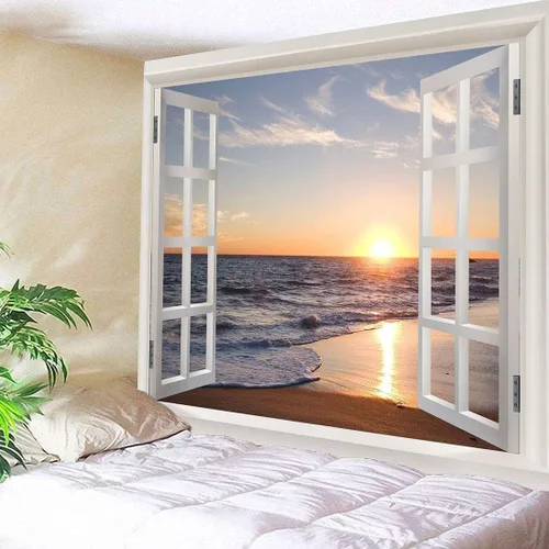 Vista 3 de Homiest Tapiz 3D oceánico para colgar en la pared, sol, puesta de sol, mar, playa, paisaje, tapiz para ventana, tapices para dormitorio, sala