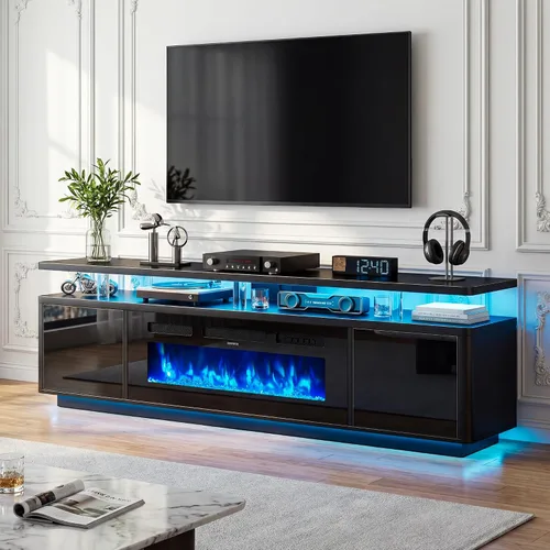Vista 6 de oneinmil Soporte de TV con chimenea de 70 pulgadas para sala de estar, centro de entretenimiento con chimenea eléctrica con luces LED dobles