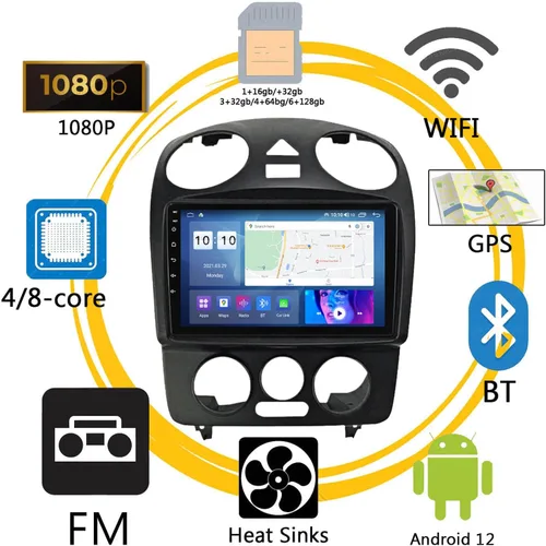 Vista 2 de Estéreo de coche Android 12 para VW Volkswagen Beetle 2000-2012 9 pulgadas Full HD pantalla táctil capacitiva con USB, radio de coche Fm/Am
