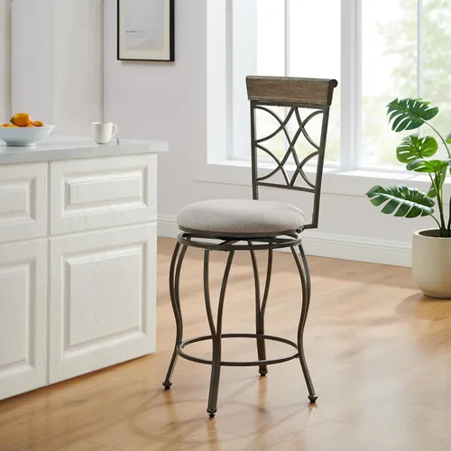 Vista 2 de Linon Curves - Taburete giratorio de metal de peltre de 25 pulgadas con asiento tapizado beige