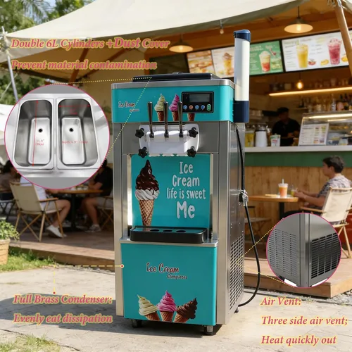 Vista 4 de Máquina comercial de helado de 3 cabezales 20-30L/H Máquina de servicio suave con tolvas dobles de 6L Limpieza automática Congelador de helado