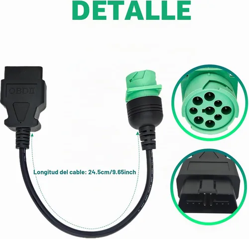 Vista 4 de Cable adaptador OBD2 a J1939 verde tipo 2 (macho de 16 pines a macho de 9 pines) para camiones pesados y vehículos comerciales con conector