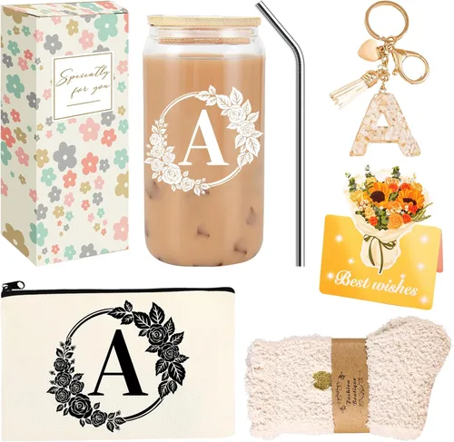 Vista 11 de 8 PCS Mejor Juego de Regalo para Profesoras 16oz Vaso de Café de Vidrio con Tapa y Pajita, Calcetines Acolchados, Bolsa de Regalo, Llavero y Tarjeta