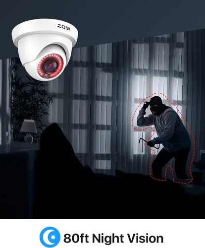 Vista 3 de ZOSI Paquete de 2 cámaras de seguridad HD 1080P de 2.0 MP, visión nocturna de 80 pies, cámaras domo CCTV para interiores y exteriores, para sistema