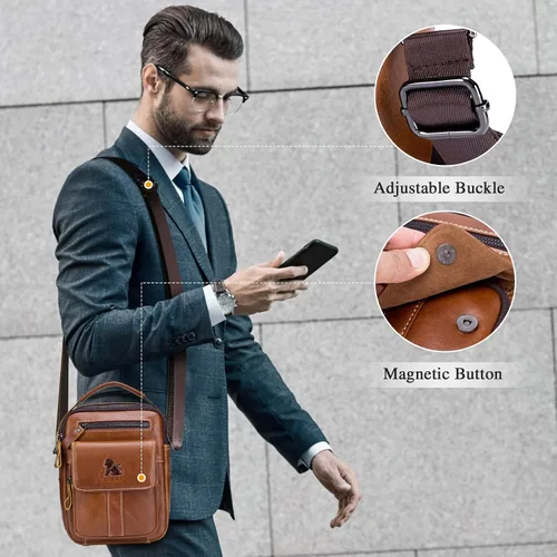 Vista 7 de BAIGIO Bolso de hombro de cuero para hombre, bolsa de mensajero, bolso cruzado, bolso para hombre, bolso tipo bandolera para viajes de negocios
