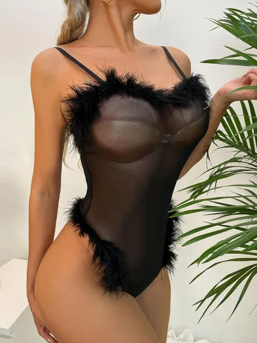 Vista 3 de WDIRARA Body de lencería sexy para mujer con ribete de piel transparente
