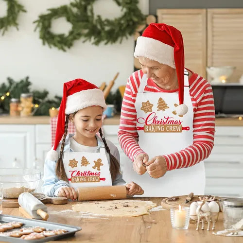 Vista 6 de Paquete de 2 delantales de Navidad a juego para niños y adultos, delantales de Navidad para panaderos, delantales de cocina blancos de Navidad con 2