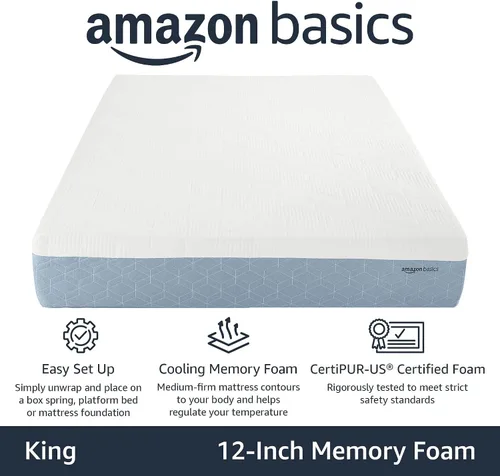 Vista 2 de Amazon Basics Colchón de espuma viscoelástica, firmeza media, gel refrescante, colchón tamaño King, espuma certificada CertiPUR-US®, 80 x 76 x 12