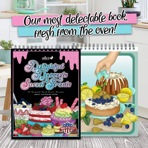 Vista 7 de ColorIt Delightful Postres and Sweet Treats - Libro para colorear para adultos, 50 diseños de una cara, papel liso grueso, tapa dura plana