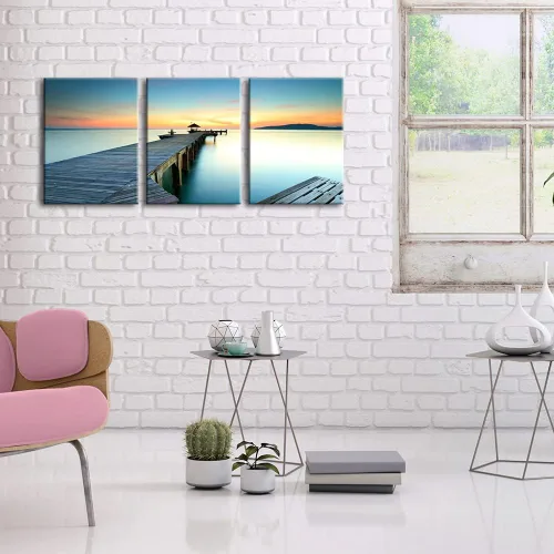Vista 4 de Wieco Art 3 piezas de lienzo de paisaje marino impresiones de arte de pared, puesta de sol, océano, playa, pinturas para cocina, dormitorio, hogar