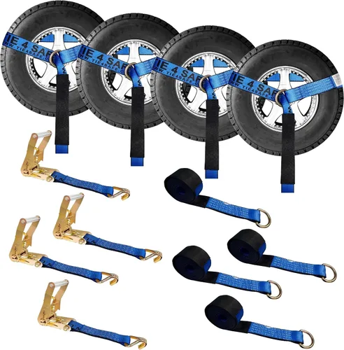 Vista 15 de Mega Cargo Control Juego de 4 correas de lazo de anillo D de elevación de rueda de 2 pulgadas x 10 pies con (4) trinquetes de 2 pulgadas, (4)
