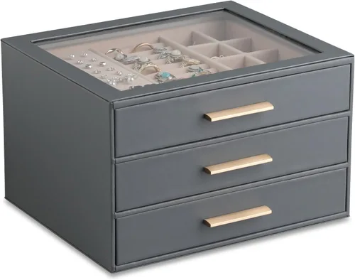 Vista 8 de Frebeauty Joyero para mujer, organizador de joyas con tapa transparente con 3 cajones Marrón Oscuro
