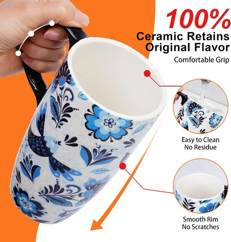 Vista 8 de Topadorn Taza de Café de Cerámica de Viaje con Tapa y Caja de Color, 17oz Termo de Café Apto para Microondas y Lavavajillas, Pájaro Azul