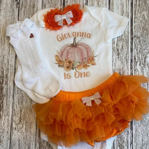 Vista 9 de First Birthday Pumpkin Baby Girl Personalized Name Bodysuit This Pumpkin is One Optional Accessories