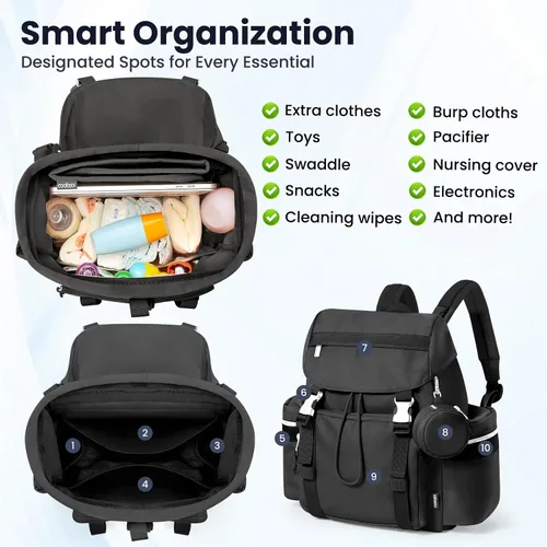 Vista 4 de Mochila para pañales con cambiador, funda para chupete y correas para cochecito, bolsillos aislados, resistentes al agua, artículos esenciales
