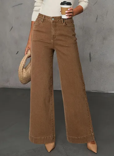 Vista 2 de Dokotoo Pantalones de mezclilla casuales de cintura alta para mujer Marrón