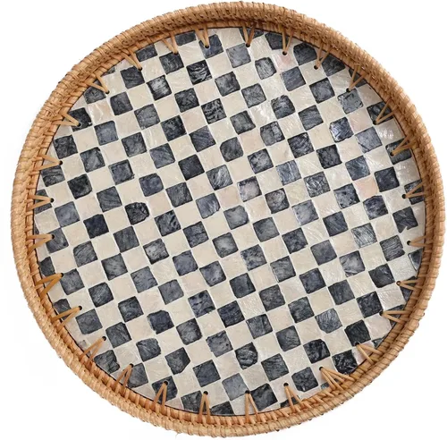 Vista 16 de Bandeja redonda de ratán con incrustaciones de nácar, bandeja de ratán para café, pan, frutas, bandeja decorativa de mimbre para decoración de mesa