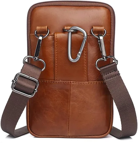 Vista 5 de Cinturón de cuero genuino para la cintura, bolsa cruzada simple para teléfono inteligente, bolsa de mensajero vintage pequeña para hombre