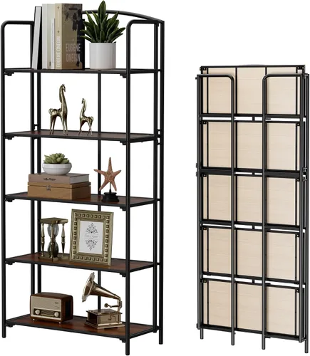 Vista 18 de Crofy - Estantería plegable sin montaje para sala de estar, estantería plegable de 2 niveles en color negro para oficina en casa, organizador