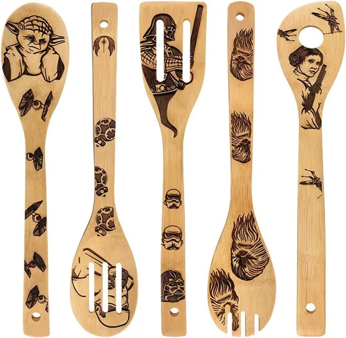 Vista 10 de Beauty and the Beast Juego de cucharas de madera quemadas para cocinar y servir, cuchara de bambú ranurada, utensilios de cocina, idea de regalo