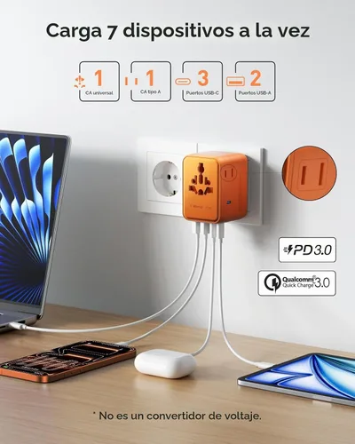 Vista 3 de MOMAX 70W Universal Travel Adapter 7-in-1 GaN International Power Adapter Naranja (Cosmic Orange)